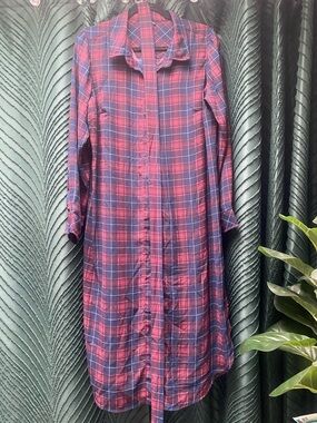 City Chic Navy and Red Plaid Long-Sleeve Shirt Dress